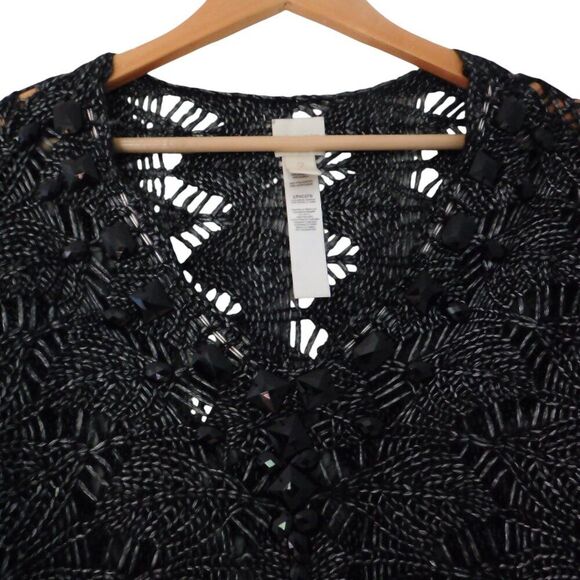 Chicos Size 2 Sweater Open Knit Black Gray Metallic Knit Elbow Sleeves Cover Up - Picture 2 of 7